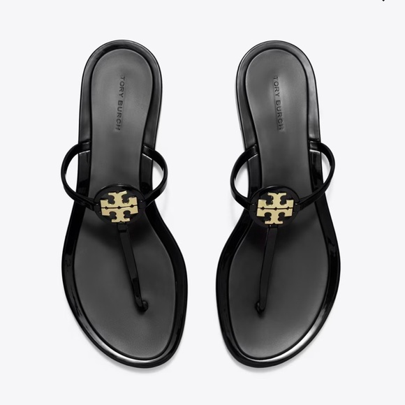 Tory Burch Shoes - Tory Burch Black Patent Logo Thong Sandals with Gold Emblem. New in Box